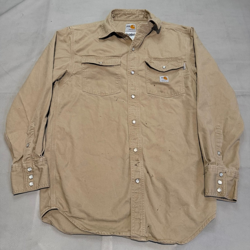 Carhartt FR Flame Fire Resistant Men Khaki Tan Pearl Snap Work Weld Shirt-7706